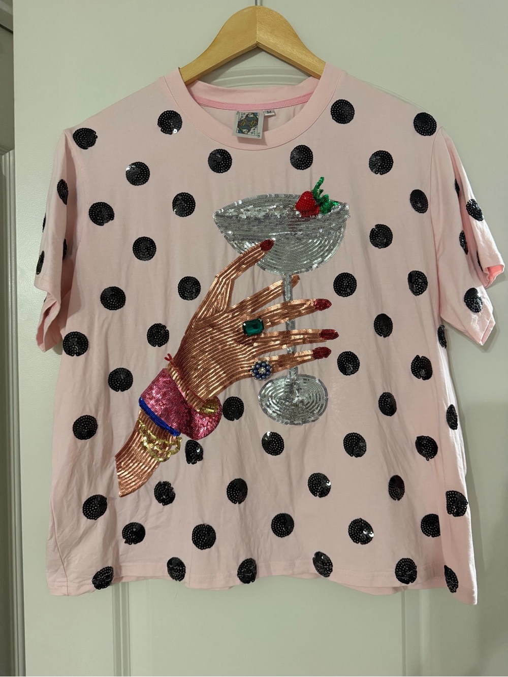 QUEEN OF SPARKLES Pink Sequin Polka Dot Cocktail Tee
